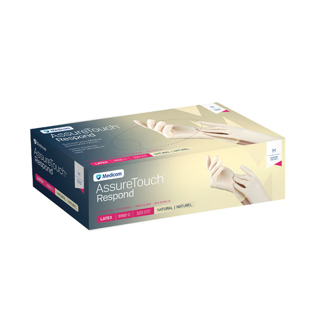 MEDICOM® Assure Touch Respond -  Textured Latex Gloves Powder Free - Medium (100) Natural